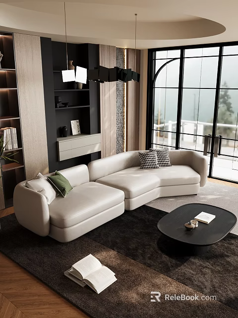 Modern Living Room With White L Shaped Sofa Black Round Coffee Table And Large Windows 3d model 