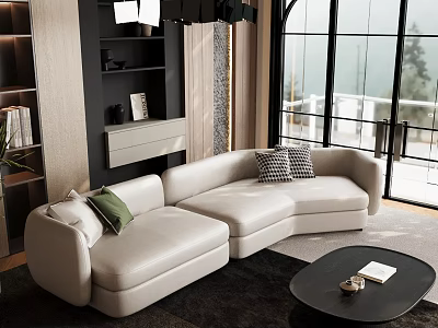 Modern Living Room With White L Shaped Sofa Black Round Coffee Table And Large Windows 3d model