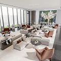 Spacious Modern Lounge Area Interior With Beige Sofas Brown Armchairs Greenery And Large Windows