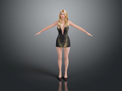 Blonde Woman In Black Dress With Gold Pattern Standing With Arms Outstretched In Gray Background 3d model