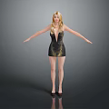 Blonde Woman In Black Dress With Gold Pattern Standing With Arms Outstretched In Gray Background