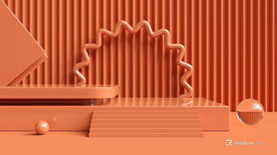 Orange Wavy Arch Display Stage With Platform Steps Vertical Striped Wall Cube And Sphere 3d model