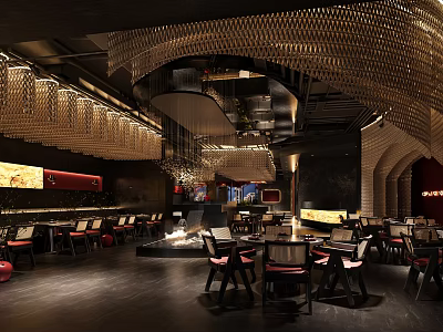 Modern Restaurant Interior Design With Unique Pendant Lights Wooden Tables Red Chairs And Decorative Walls 3d model