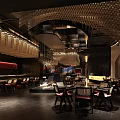 Modern Restaurant Interior Design With Unique Pendant Lights Wooden Tables Red Chairs And Decorative Walls