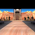 Large Screens Show Desert Landscape With Teepee Structure Cacti Plants And Bench Seating