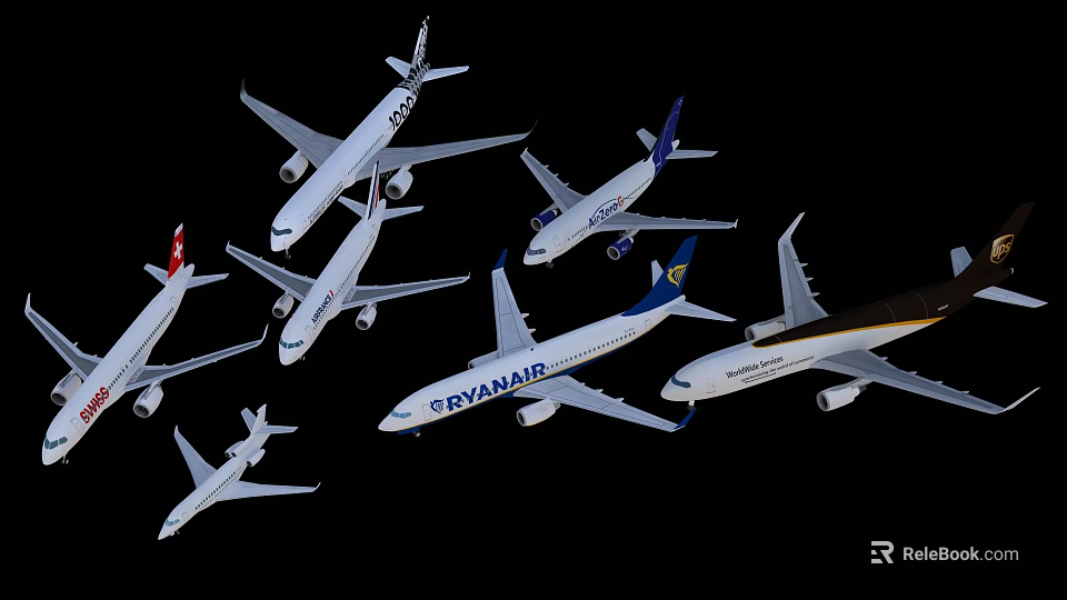 Multiple Passenger Planes From Different Airlines Flying Together In Formation 3d model 