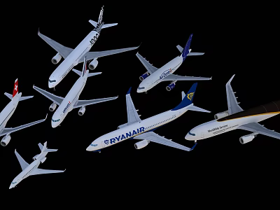 Multiple Passenger Planes From Different Airlines Flying Together In Formation 3d model