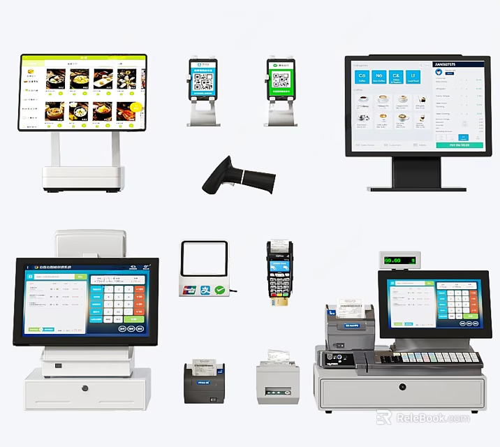 Assorted Retail POS Equipment Including Cash Registers Barcode Scanners And Receipt Printers 3d model 