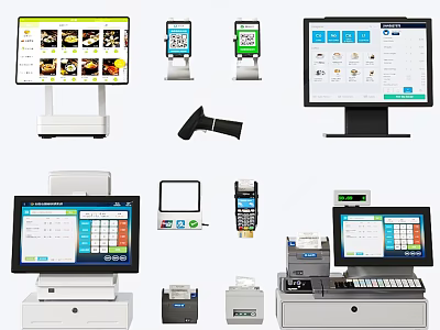 Assorted Retail POS Equipment Including Cash Registers Barcode Scanners And Receipt Printers 3d model
