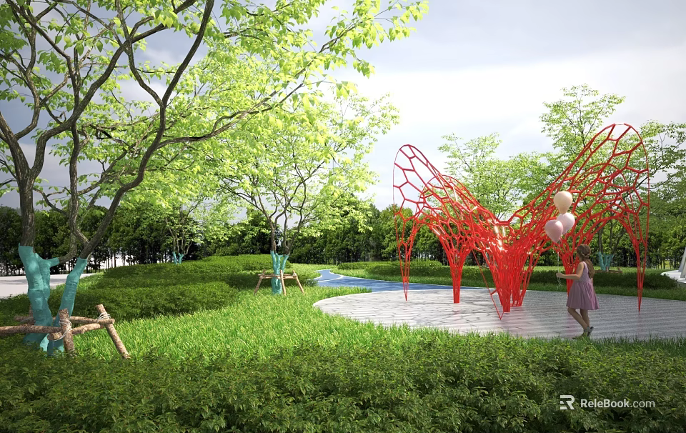 Outdoor Garden Scene With Red Net like Pergola Green Lawn Trees And Little Girl Holding Balloons 3d model 