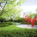 Outdoor Garden Scene With Red Net like Pergola Green Lawn Trees And Little Girl Holding Balloons