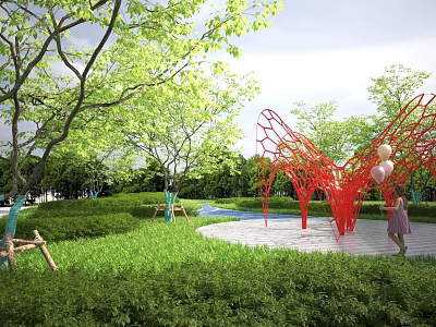 Outdoor Garden Scene With Red Net like Pergola Green Lawn Trees And Little Girl Holding Balloons 3d model