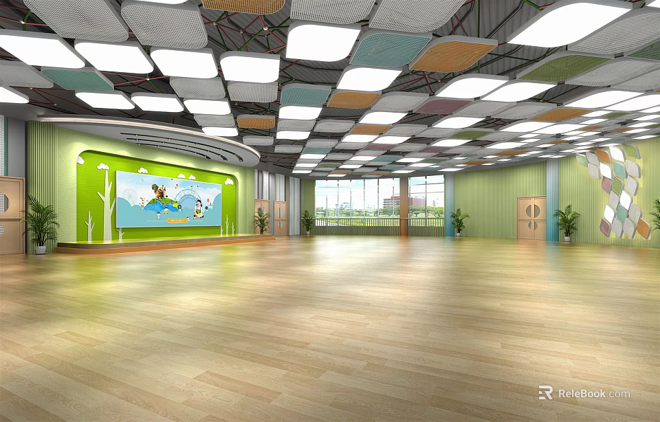 Kindergarten Spacious Activity Room With Colorful Ceiling Wooden Floor Green Walls And Cartoon Art 3d model 