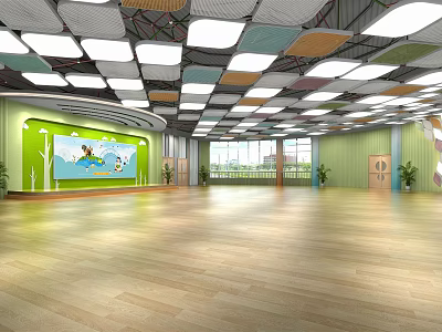 Kindergarten Spacious Activity Room With Colorful Ceiling Wooden Floor Green Walls And Cartoon Art 3d model