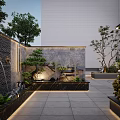 Modern Courtyard Garden With Pergola Dining Table Chairs Steps Plants Sunset Sky And Lighting