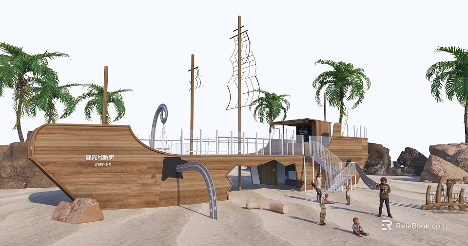 Wooden Pirate Ship Play Equipment With Slide And Palm Trees On Sand Beach 3d model 