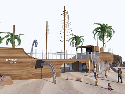 Wooden Pirate Ship Play Equipment With Slide And Palm Trees On Sand Beach 3d model