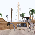 Wooden Pirate Ship Play Equipment With Slide And Palm Trees On Sand Beach