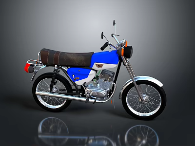 Vintage Blue And White Motorcycle With Brown Leather Seat And Chrome Details 3d model