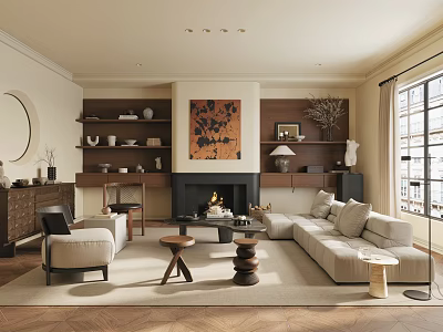 Modern Living Room With Beige Sofa Wooden Coffee Tables Fireplace And Abstract Painting 3d model
