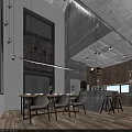 Modern Industrial Living Dining Room Interior With Wooden Wall Sofa And Hanging Light