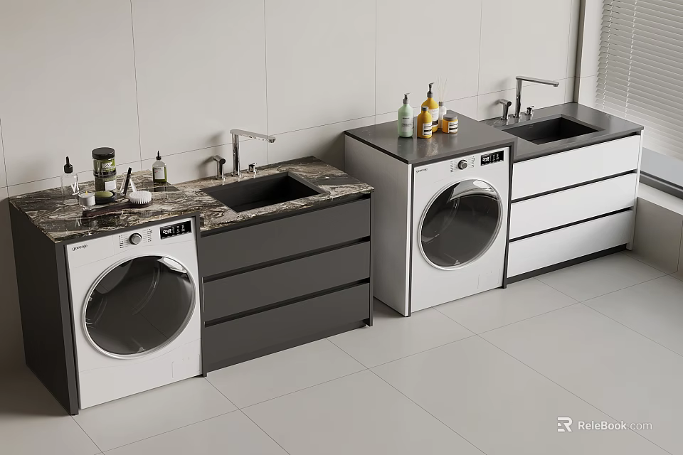 Modern Balcony Cabinet With Washing Machine Sink And Marble Countertop For Laundry Space 3d model 