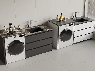 Modern Balcony Cabinet With Washing Machine Sink And Marble Countertop For Laundry Space 3d model