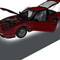Red Sports Car With Open Hood And Doors Showing Engine And Interior