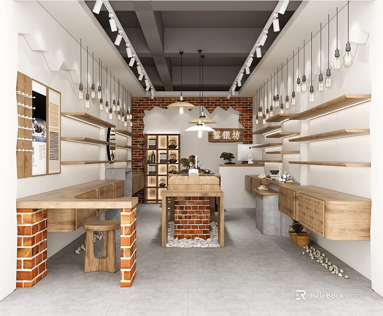 Modern Specialty Store Interior With Wooden Shelves Brick Walls Hanging Lights And Display Counters 3d model 