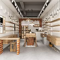Modern Specialty Store Interior With Wooden Shelves Brick Walls Hanging Lights And Display Counters