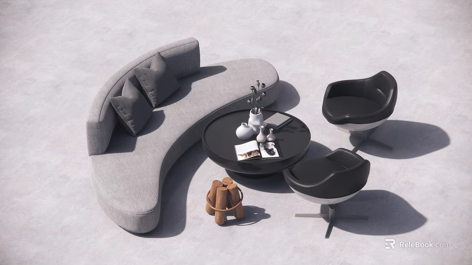 Gray Curved Cushioned Sofa And Black Round Coffee Table Set Modern Decorative Items Accent Chairs 3d model 