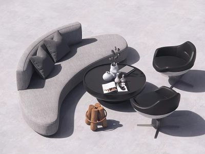 Gray Curved Cushioned Sofa And Black Round Coffee Table Set Modern Decorative Items Accent Chairs 3d model
