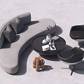 Gray Curved Cushioned Sofa And Black Round Coffee Table Set Modern Decorative Items Accent Chairs
