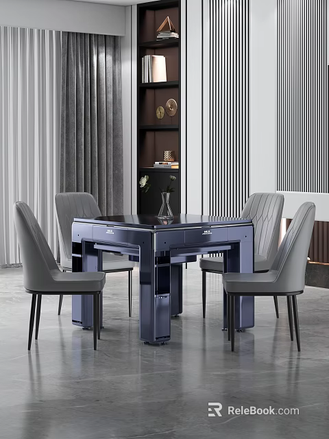Modern Navy Blue Dining Table With Gray Striped Chairs In Elegant Living Room 3d model 