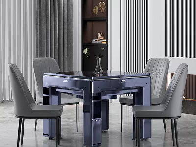 Modern Navy Blue Dining Table With Gray Striped Chairs In Elegant Living Room 3d model