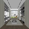 Spacious Modern Walk in Closet with Glass Doors Storage Shelves Mirror Bench and Carpet