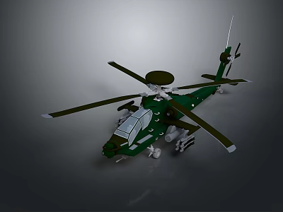 Green Military Helicopter Model With Main Rotors Fuselage And Armament Features 3d model