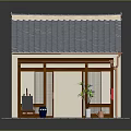 Traditional House Structure With Blue Tiled Roof Wooden Porch And Courtyard Elements