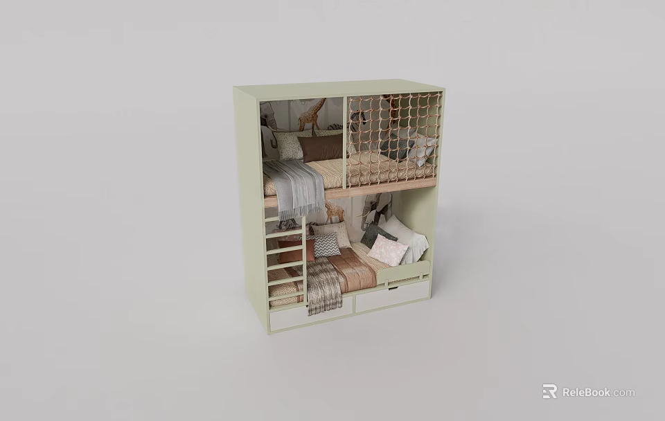 Light Colored Kids Bunk Bed With Ladder Guardrail And Storage Drawers 3d model 