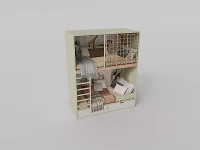 Light Colored Kids Bunk Bed With Ladder Guardrail And Storage Drawers 3d model