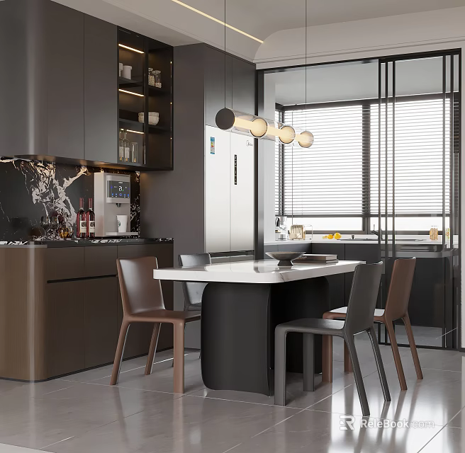 Modern Restaurant Featuring Dark Cabinets Marble Counter Dining Table Chairs Pendant Lights Windows And Blinds 3d model 