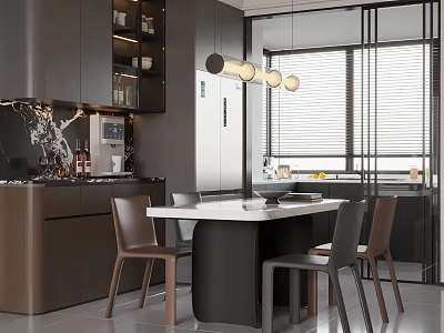 Modern Restaurant Featuring Dark Cabinets Marble Counter Dining Table Chairs Pendant Lights Windows And Blinds 3d model