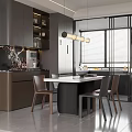 Modern Restaurant Featuring Dark Cabinets Marble Counter Dining Table Chairs Pendant Lights Windows And Blinds