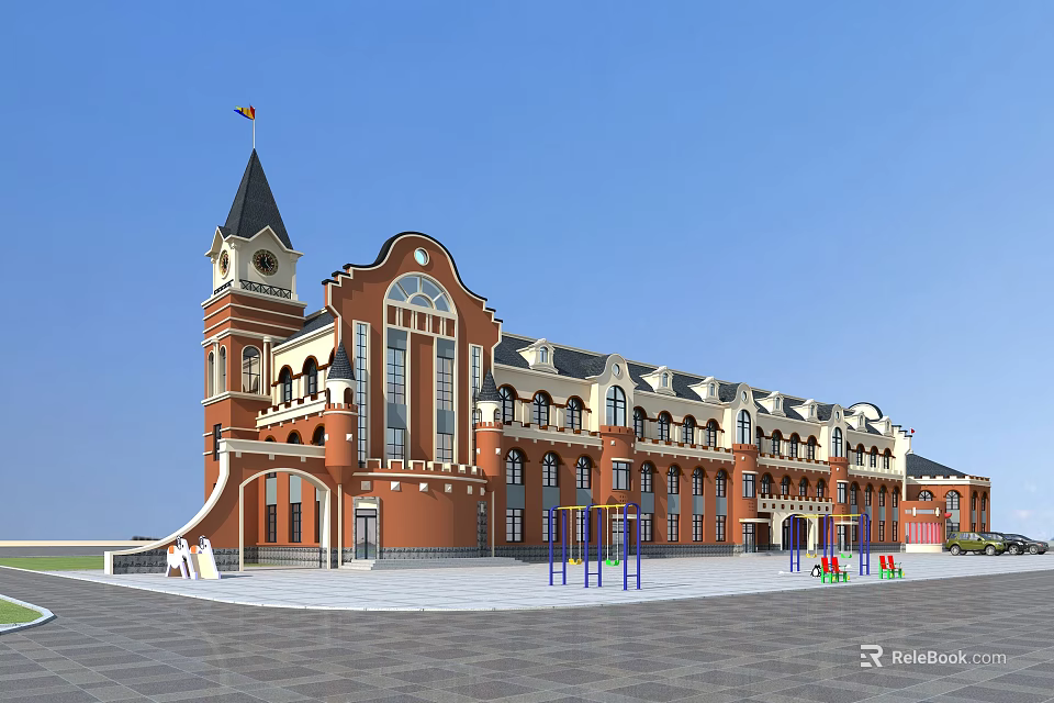 Red Brick School Building With Clock Tower Black Spire Large Windows And Front Square Playground 3d model