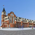 Red Brick School Building With Clock Tower Black Spire Large Windows And Front Square Playground 3d model