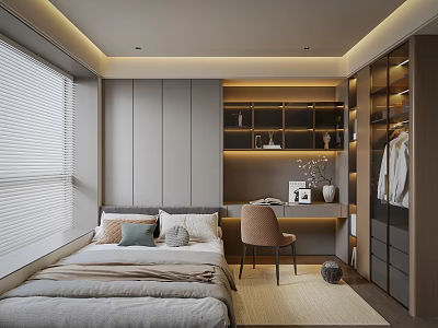 Modern Tatami Bedroom Interior Design With Bed Desk Chair Bookshelf Wardrobe And Blinds 3d model