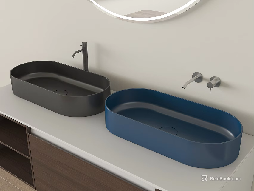 Modern Bathroom With Black And Blue Oval Shaped Washbasins On White Countertop 3d model 