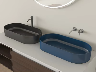Modern Bathroom With Black And Blue Oval Shaped Washbasins On White Countertop 3d model