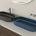 Modern Bathroom With Black And Blue Oval Shaped Washbasins On White Countertop