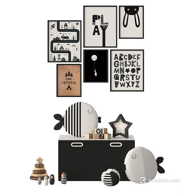 Cute Fish and Star Shaped Dolls with Alphabet Wall Art Wooden Box and Building Blocks 3d model 